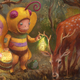 A thing in a bee suit does something to a deer in a painting from a Magic: The Gathering Card.